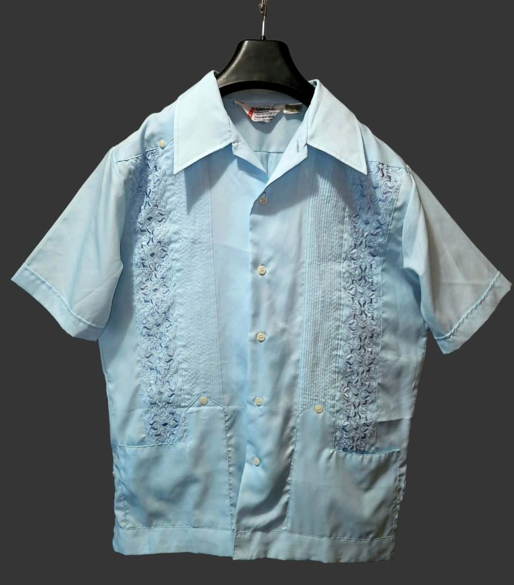 Romani Guayabera Shirt Men's Medium Light Blue Cuban With Pockets Vintage 1970s